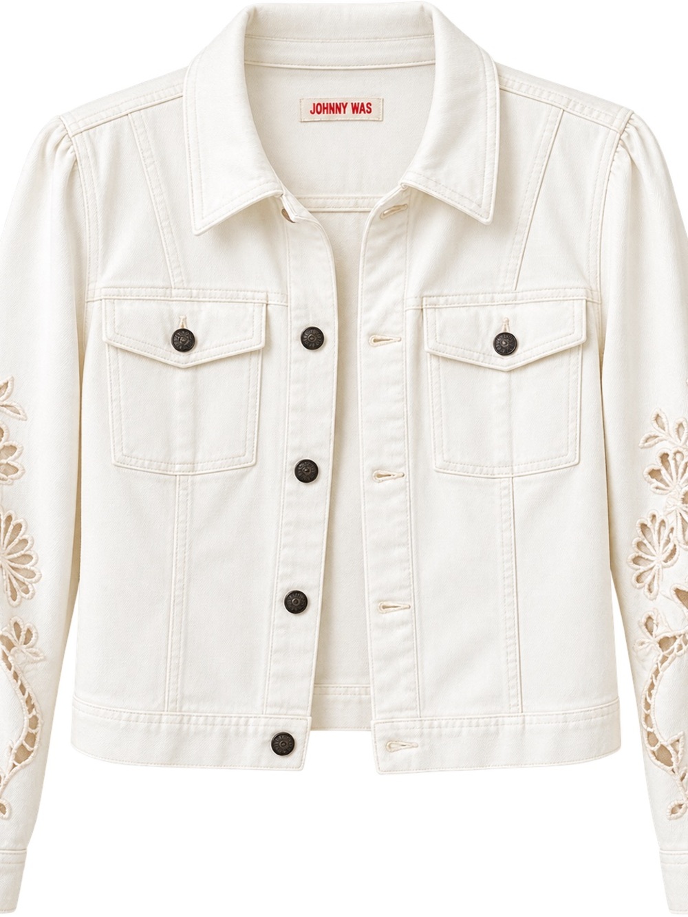 Johnny Was Cream Embroidered Sleeve Denim Jacket